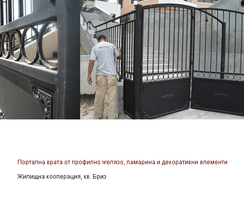 Портална врата от профилно желязо, ламарина и декоративни елементи, кв. Бриз